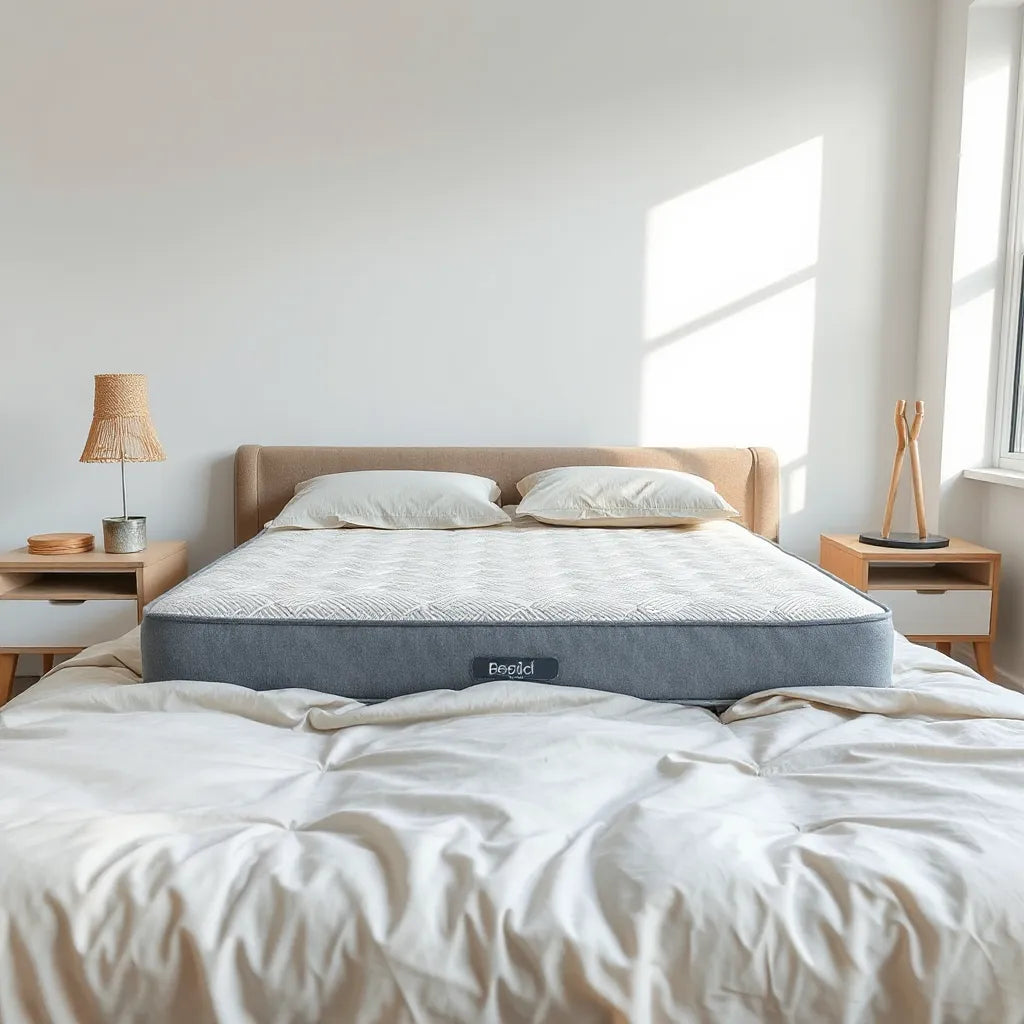 Neatly made bed with a breathable mattress and subtle cooling effect under natural daylight