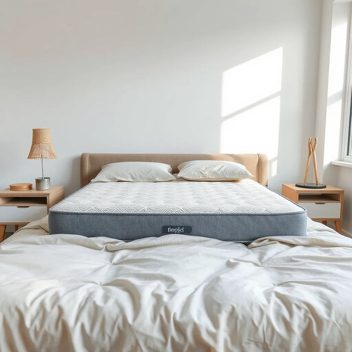Neatly made bed with a breathable mattress and subtle cooling effect under natural daylight