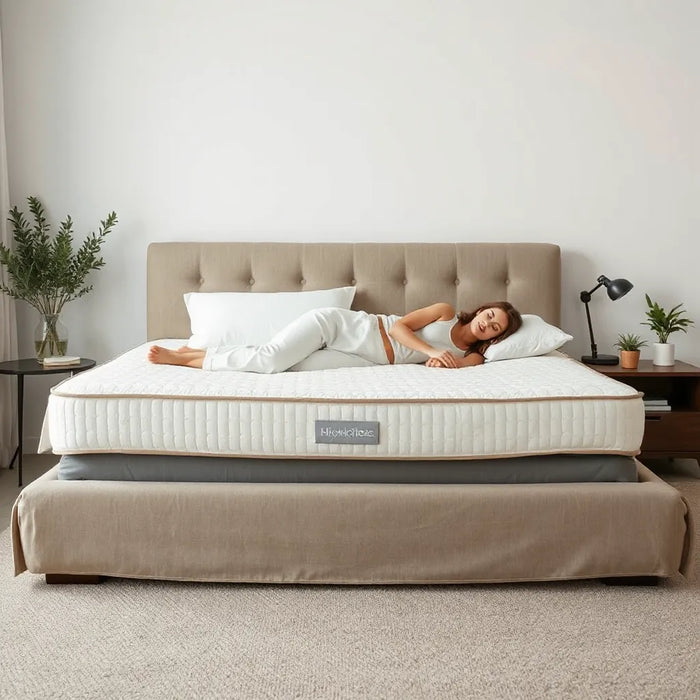 Two adults relaxing on a neatly made bed in a modern, softly lit bedroom
