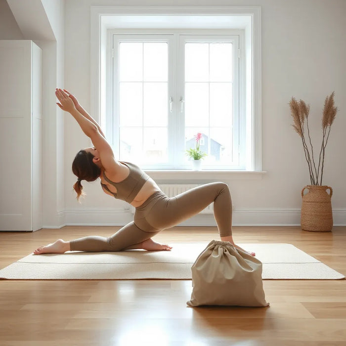Person stretching in neutral-toned sustainable activewear in a bright, minimal home workout space