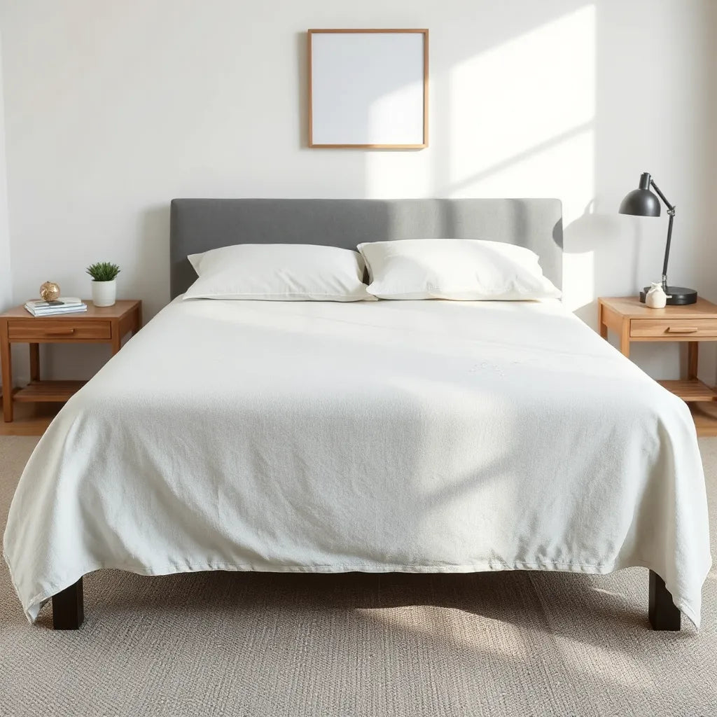 Water-resistant mattress cover with water droplets on fabric on a neatly made bed