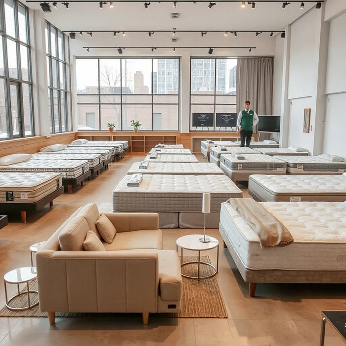 Modern mattress showroom with neatly displayed beds and a customer testing mattresses in soft daylight