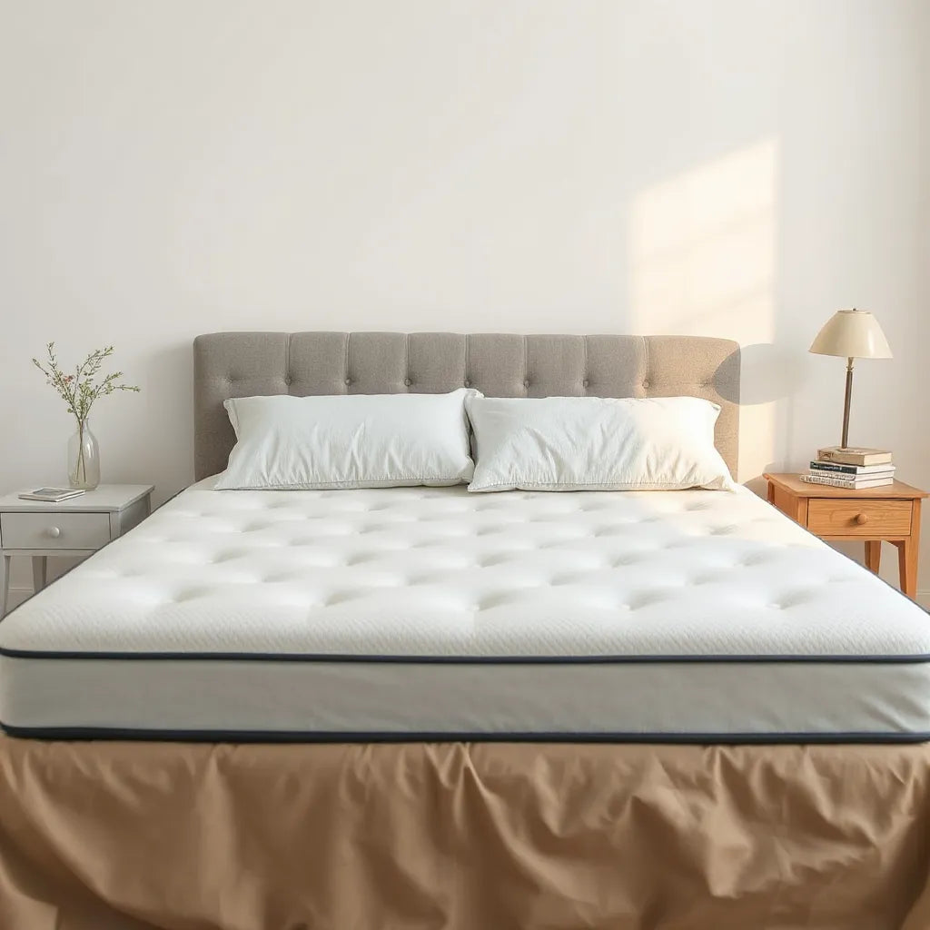 Modern bed with a contoured mattress and body pillow supporting a side-sleeping hip and shoulder