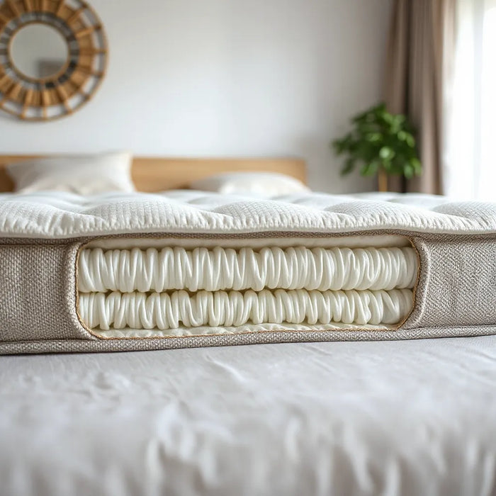 Individually wrapped mattress coils shown in a clean cross-section with subtle bedding layers