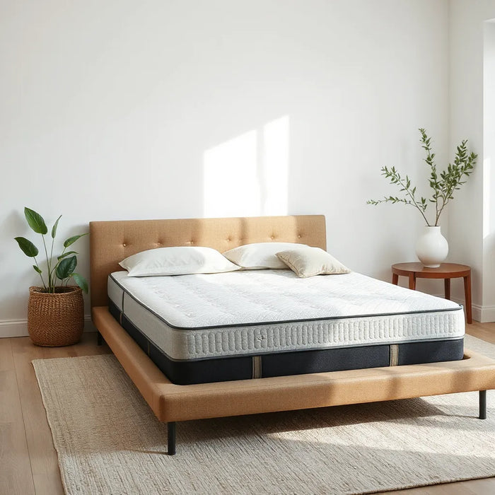 Eco-friendly mattress on a modern bed with natural linens and subtle avocado leaf accents in soft daylight