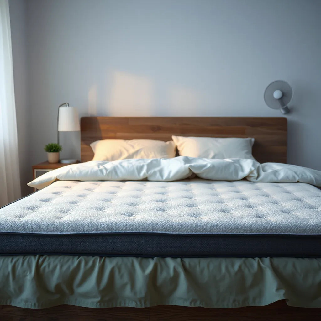 Neatly made bed with a breathable cooling mattress in a softly lit, cool-toned bedroom