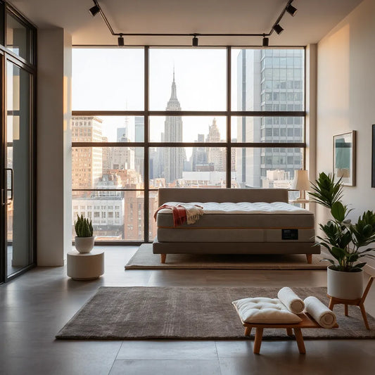 Modern mattress showroom in Midtown Manhattan with warm lighting and a city view through large windows