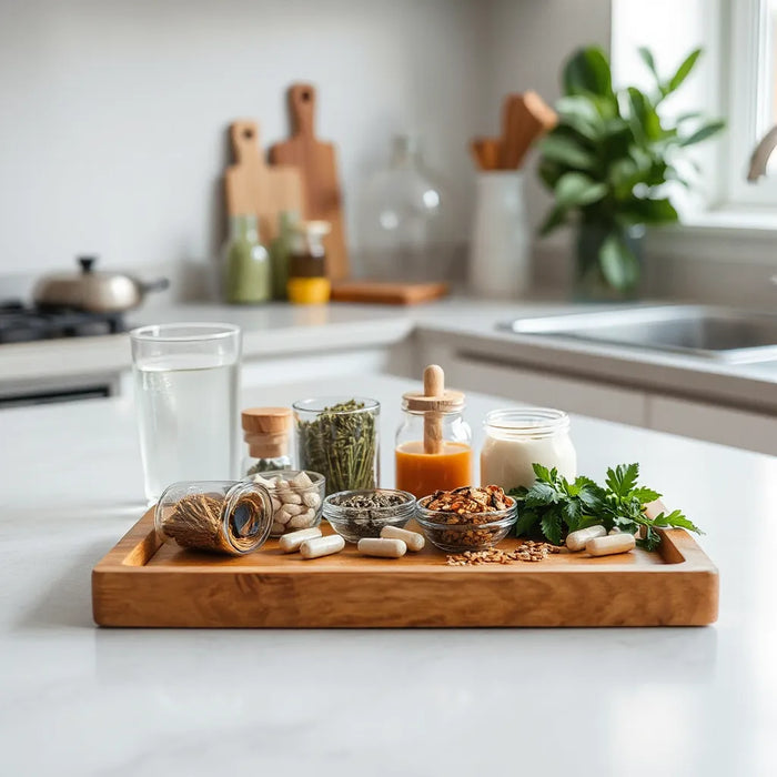 Herbal supplement ingredients and capsules on a tray with water and fresh greenery in soft natural light