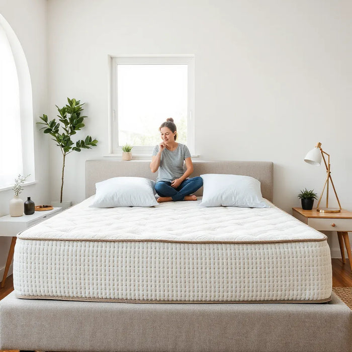 Couples discussing comfort on a neatly made bed with neutral pillows in soft morning light