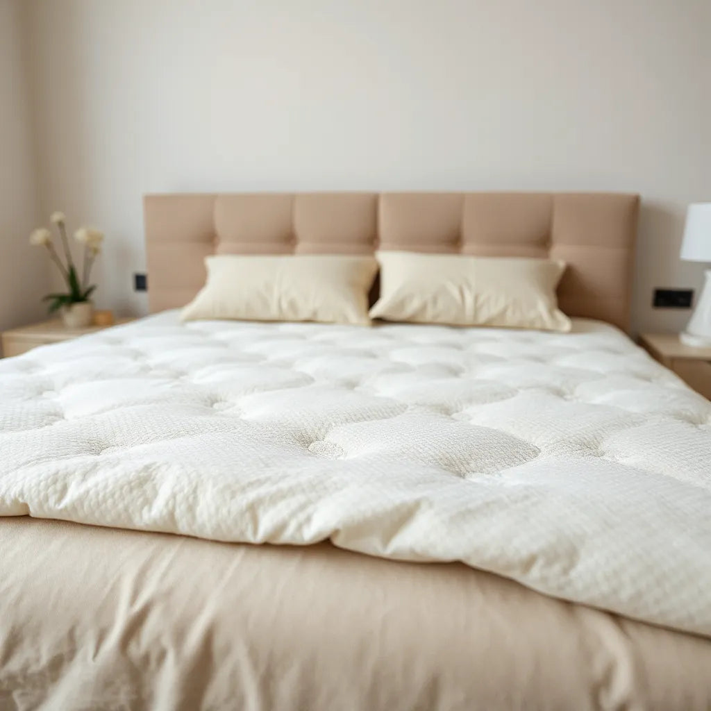 Neatly made bed with a plush luxury comfort mattress in warm, minimal bedroom lighting