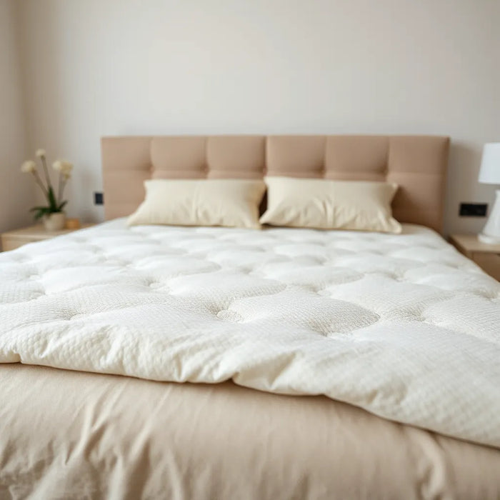 Neatly made bed with a plush luxury comfort mattress in warm, minimal bedroom lighting