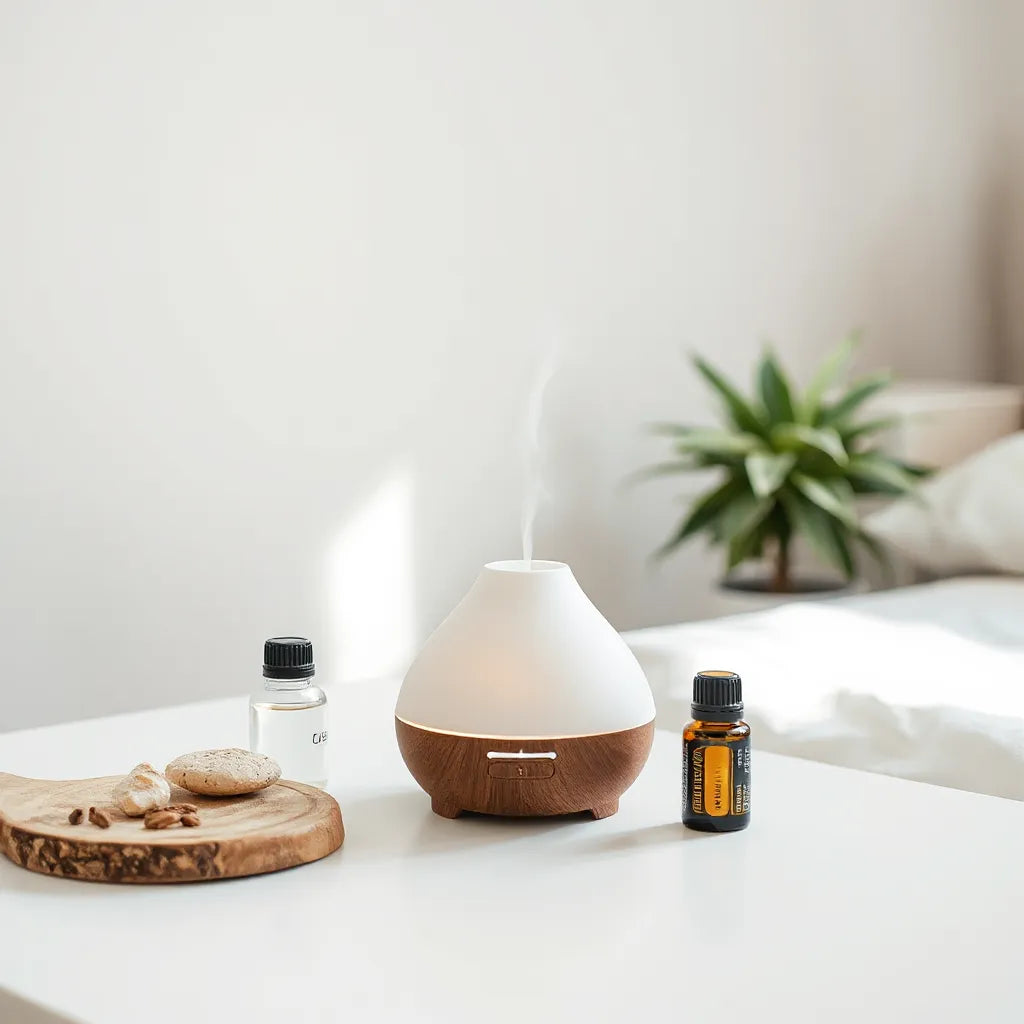 Essential oil diffuser on a bedside table with an essential oil bottle and soft natural lighting