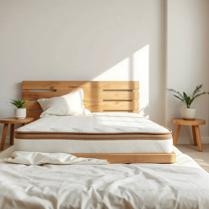 Neatly made bed with natural-textured mattress layers and soft morning light in a minimal eco-style bedroom