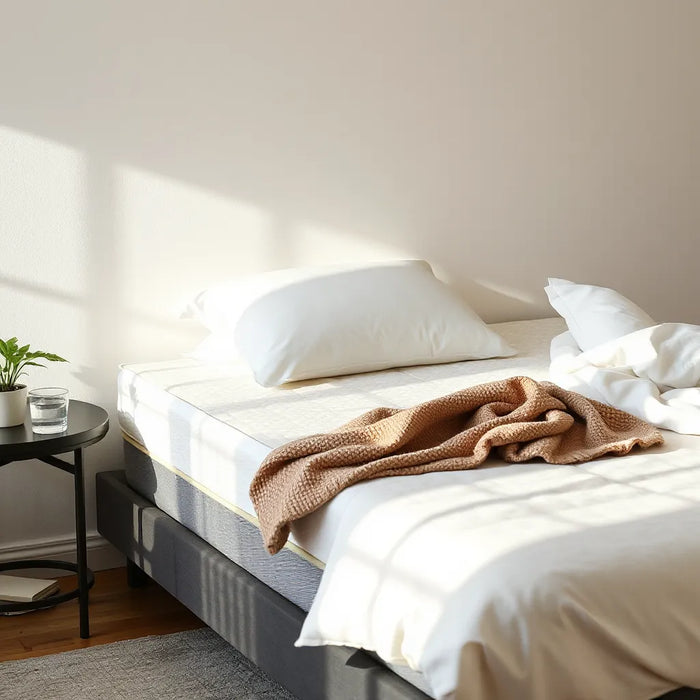 Comfort-focused bed setup with breathable bedding, a supportive pillow, and a mattress topper