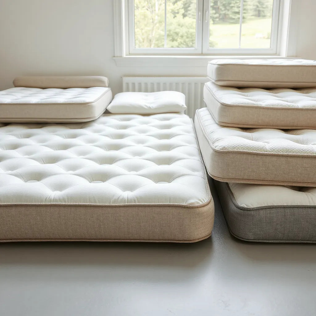 Several neatly arranged mattresses with visible fabric textures in a bright, minimal studio setting
