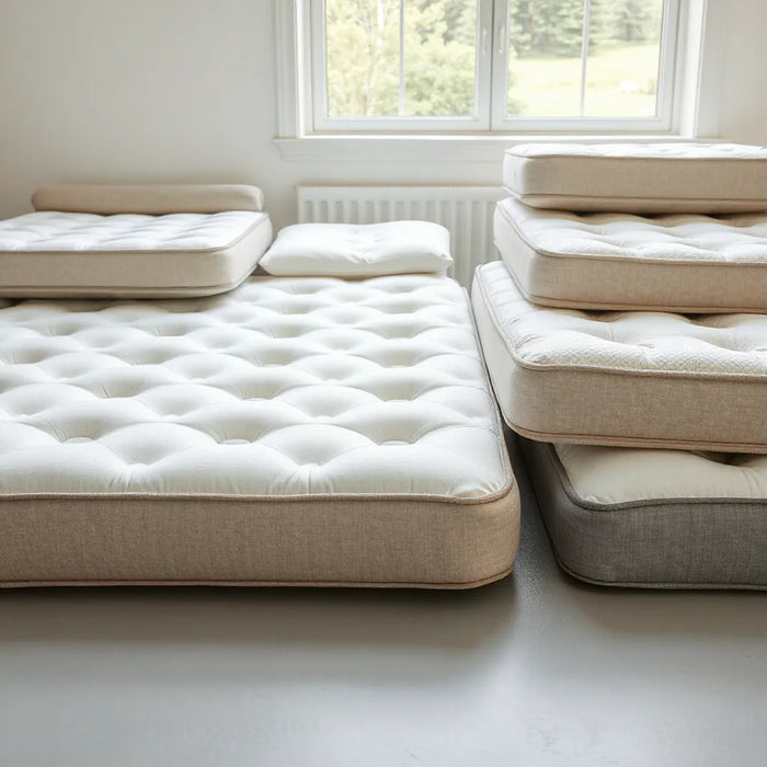 Several neatly arranged mattresses with visible fabric textures in a bright, minimal studio setting