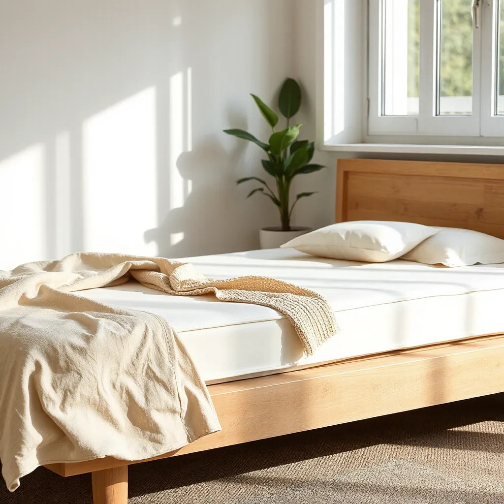 Organic mattress on a bed with natural bedding, morning light, and a small plant in the background