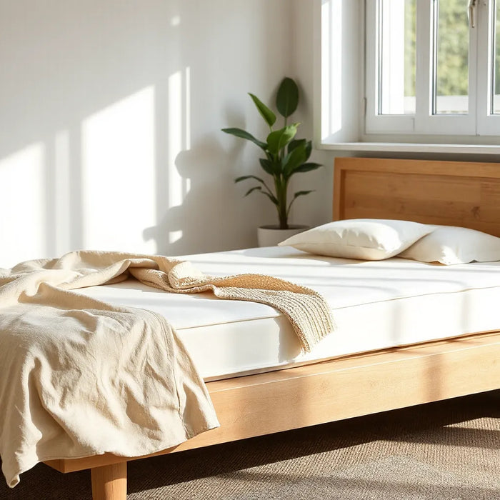 Organic mattress on a bed with natural bedding, morning light, and a small plant in the background