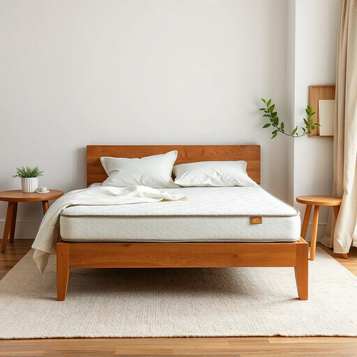 Eco-friendly mattress on a simple bed with natural bedding, daylight, and a small plant