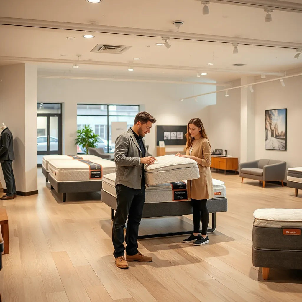 Customer testing a mattress with help from a showroom advisor in a bright NYC display area