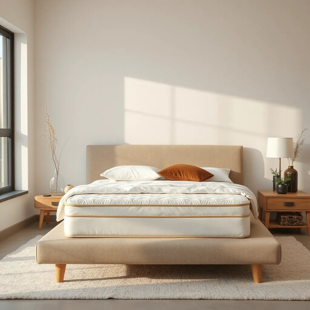 Luxury mattress on a modern platform bed with neatly layered neutral bedding in warm natural light