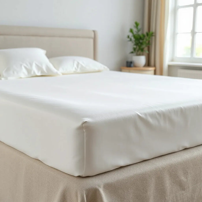Silky smooth mattress protector laid flat on a neatly made bed with soft neutral bedding