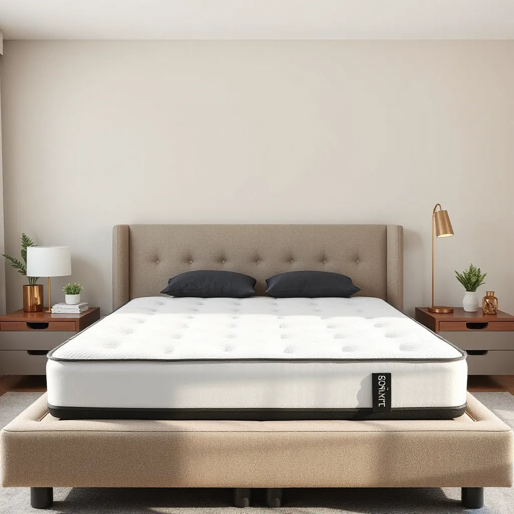 Modern bed with a premium-looking mattress and neutral bedding under soft natural light