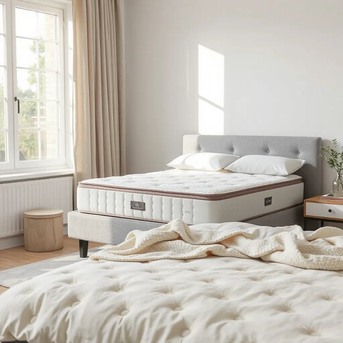 Neatly made modern bed with a premium mattress under soft natural morning light