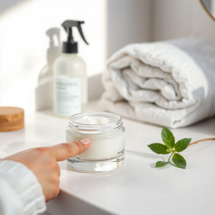 Jar of hydrating face cream on a clean vanity with soft light and a fingertip gently touching the cream