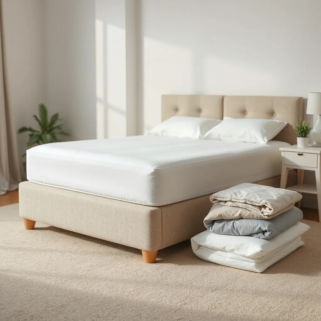 Neatly made bed with a visible mattress protector and nearby waterproof bedding accessories