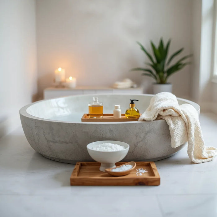 Elegant bath essentials arranged beside a warm, steam-filled minimalist bathtub