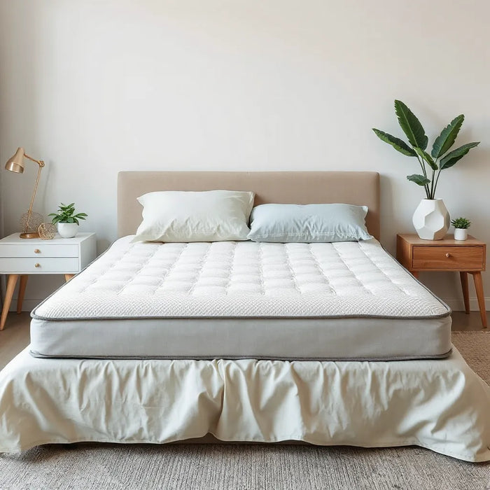 Neatly made bed with a pillow top mattress and soft neutral bedding in warm natural light