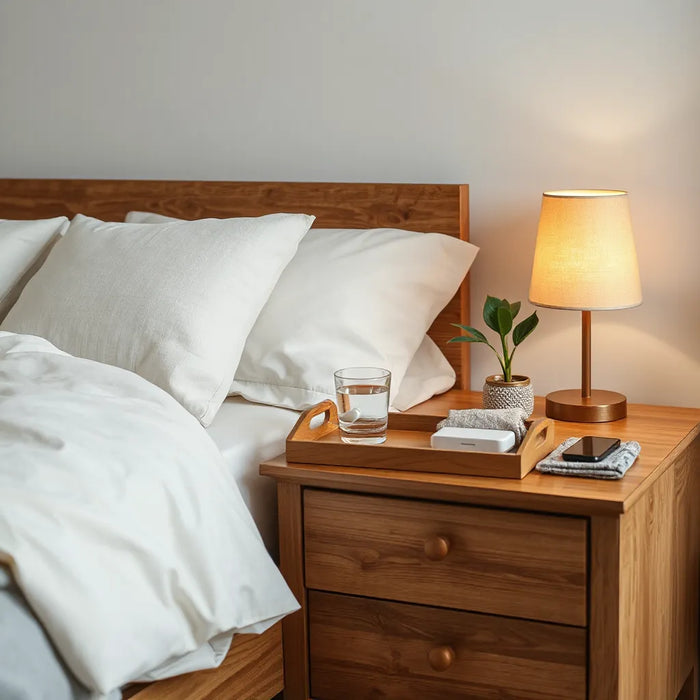 Neatly styled nightstand with warm lamp, organizer tray, and bedside essentials in a calm bedroom