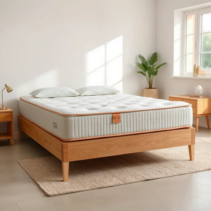 Neatly made bed with a durable, comfortable mattress under natural daylight