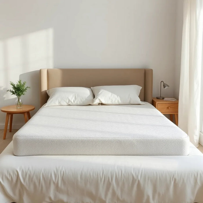 Breathable non-toxic mattress cover shown on a neatly made bed in a bright, minimalist bedroom
