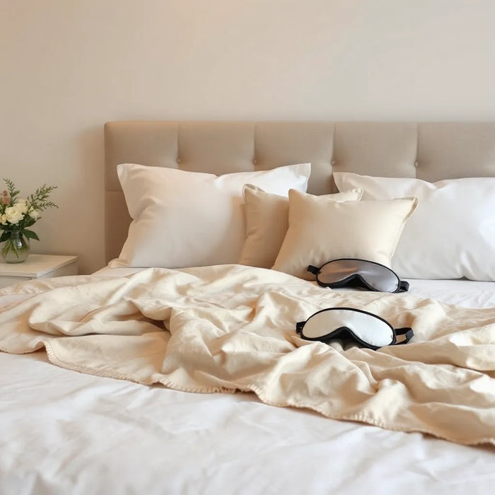 Neatly styled bed with premium pillows, silk sleep mask, and layered luxury bedding in warm lighting