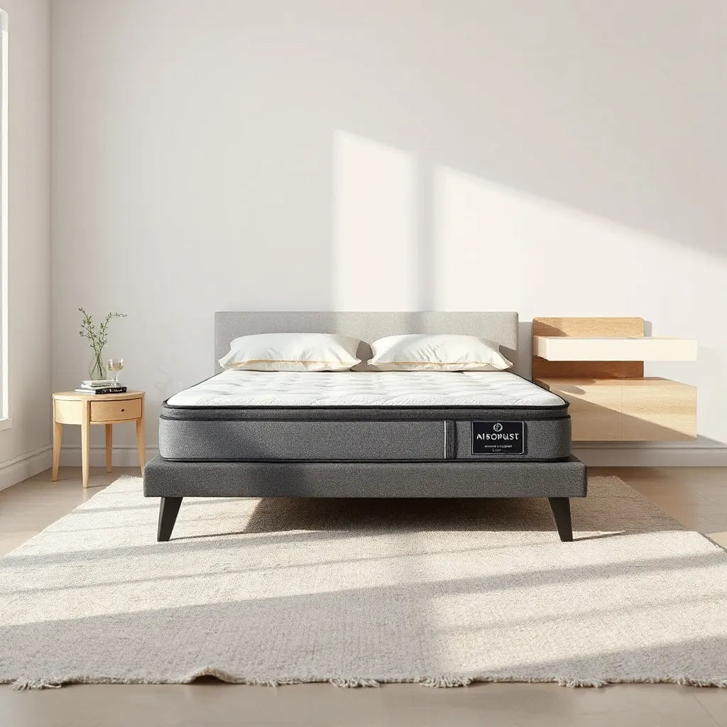 Hybrid mattress on a modern bed with neutral linens and soft natural light in a clean bedroom setting