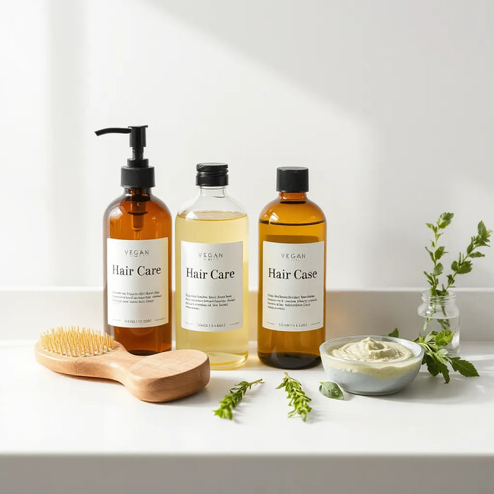 Minimal vegan hair care products and plant ingredients arranged on a bright bathroom counter