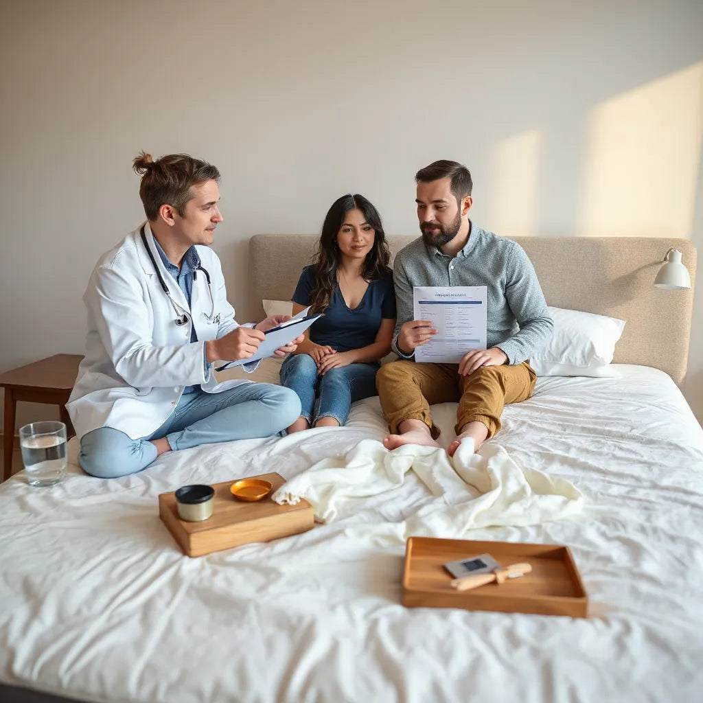 Sleep specialist reviewing comfort needs with a couple beside a neatly made bed