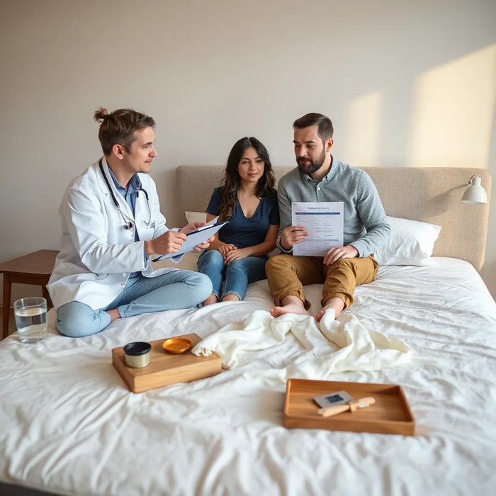 Sleep specialist reviewing comfort needs with a couple beside a neatly made bed