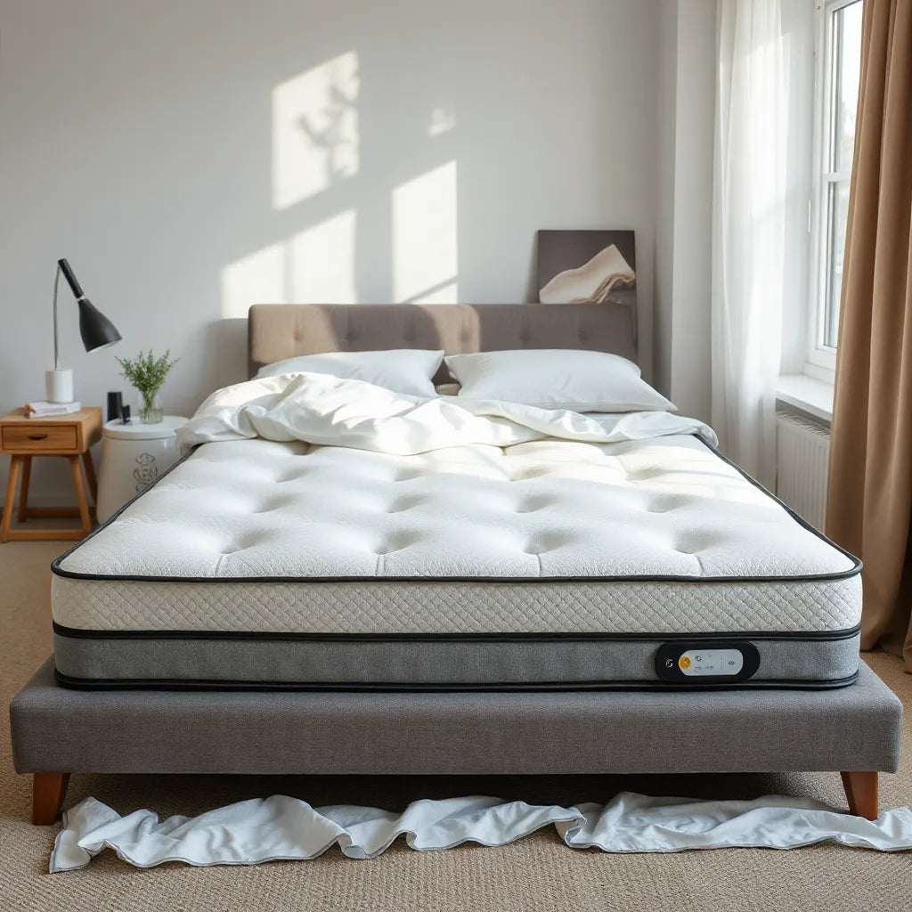 Modern bed with a contoured cooling mattress and side-sleeper alignment under soft bedding