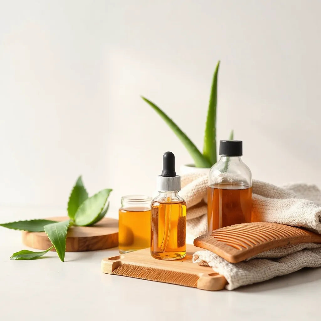 Natural hair care products with glass bottles, wooden comb, and fresh botanicals on a countertop