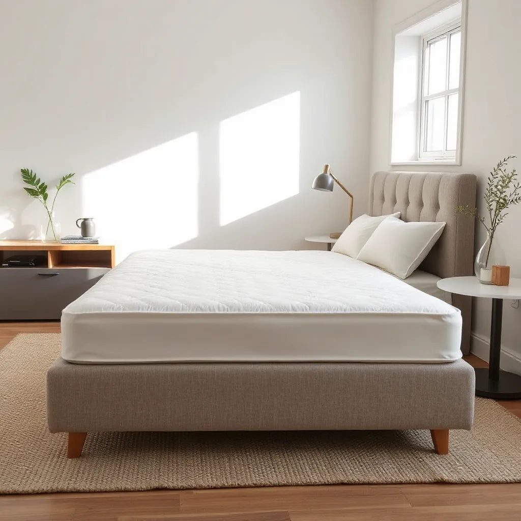 Neatly made twin bed with a fitted mattress protector covering the mattress edges