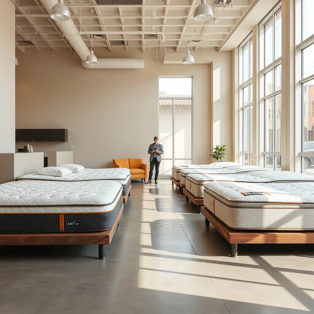 Bright Brooklyn mattress showroom with multiple beds on display and a consultation seating area