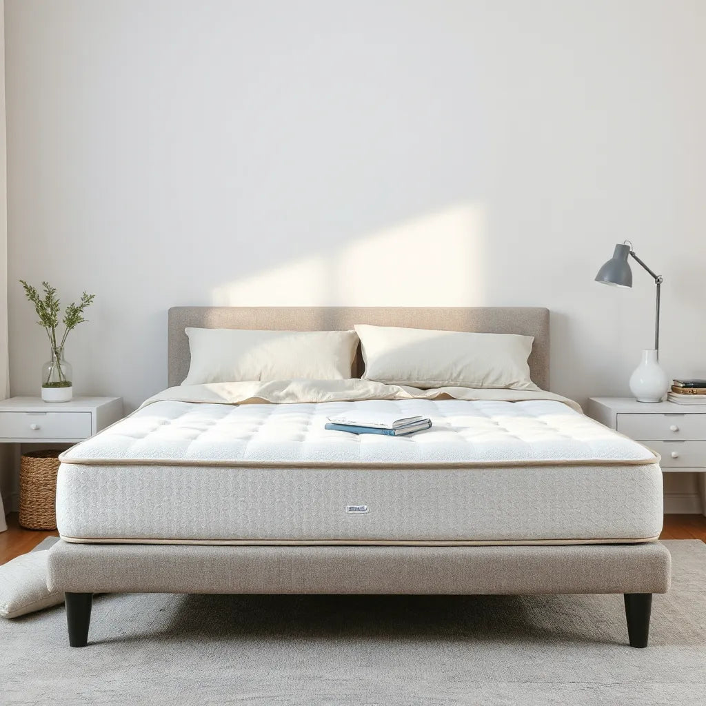 Modern bed with a contouring pressure-relief mattress top and soft neutral bedding in a calm bedroom
