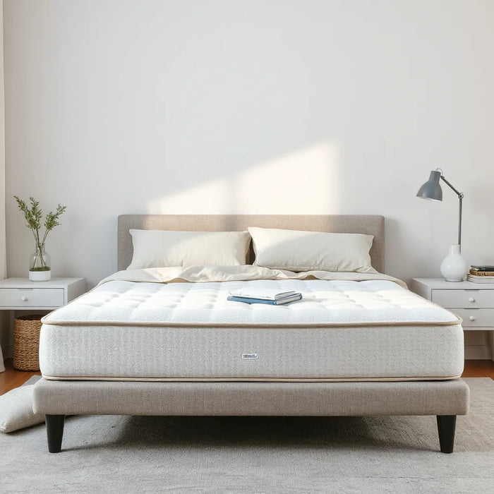 Modern bed with a contouring pressure-relief mattress top and soft neutral bedding in a calm bedroom
