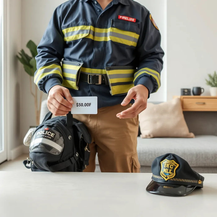 First responder gear and a discount card held in a clean home setting with soft natural light