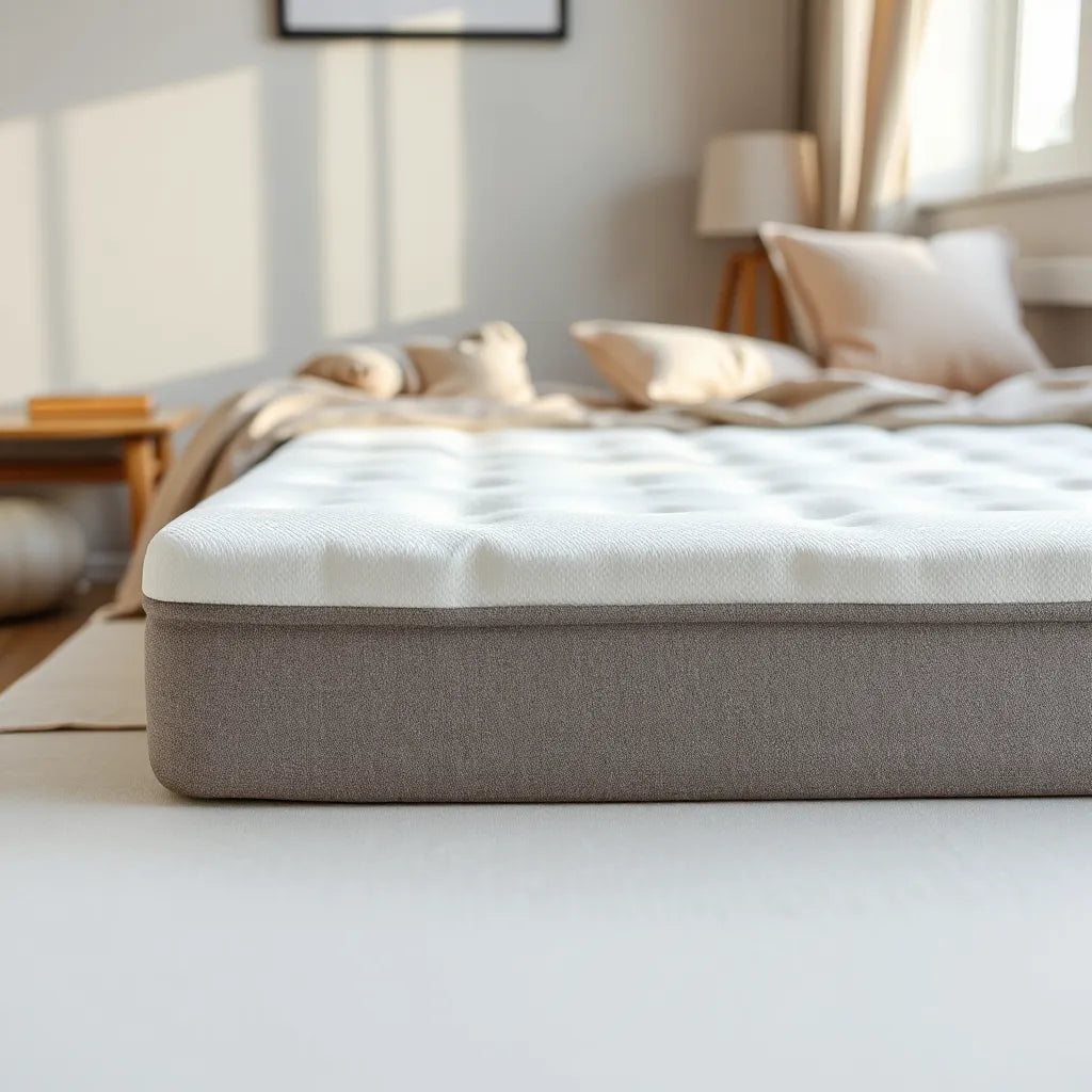 Modern bed with a breathable foam mattress surface showing airy, ventilated texture in soft morning light