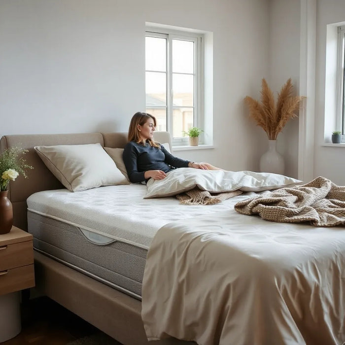 Modern mattress on a neatly made bed with supportive layers, warm light, and a person checking comfort for back pain