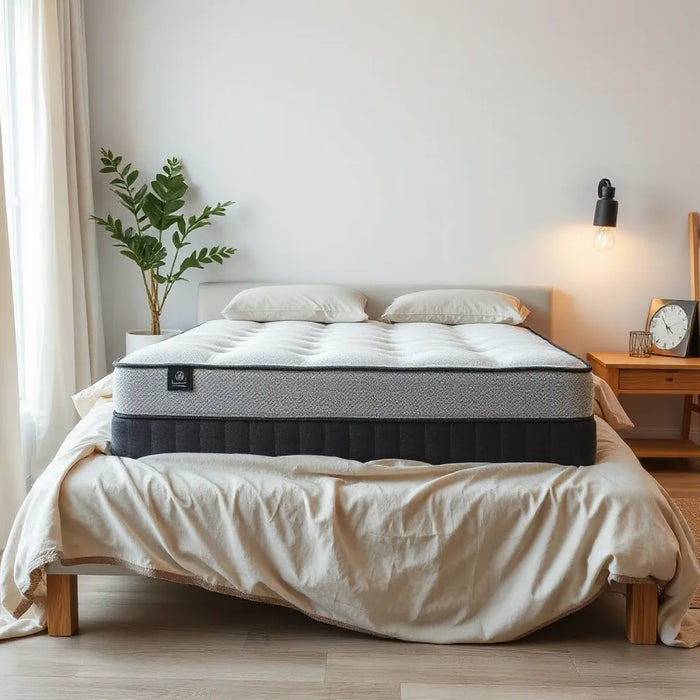 Neatly made bed with a modern mattress and soft neutral bedding under natural light